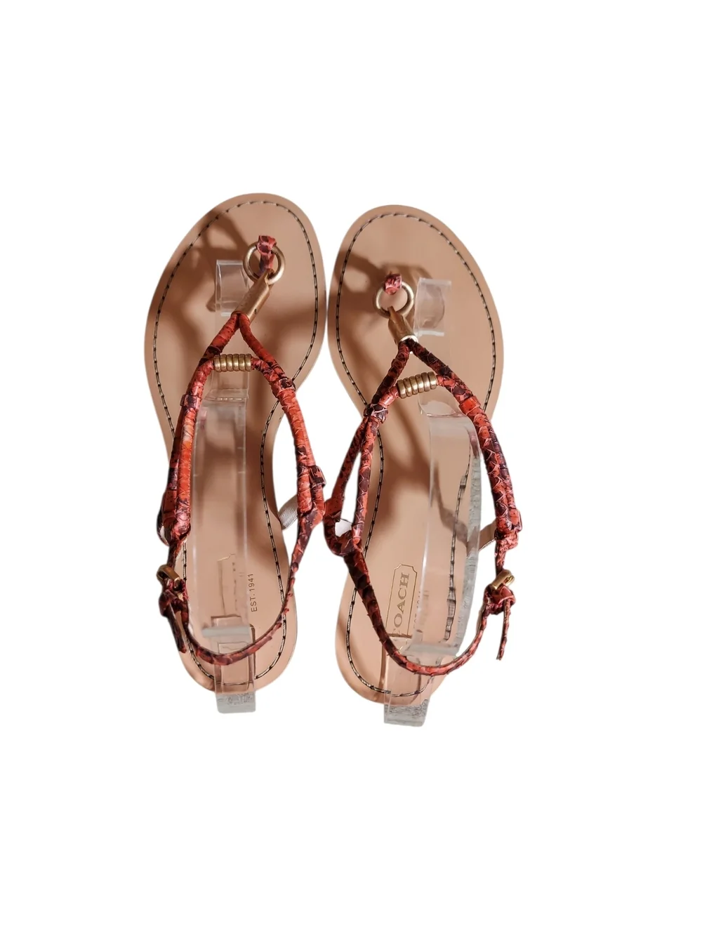 Coach Opal Snake T Strap Sandals Coral Leather Thong Flat Boho Resort